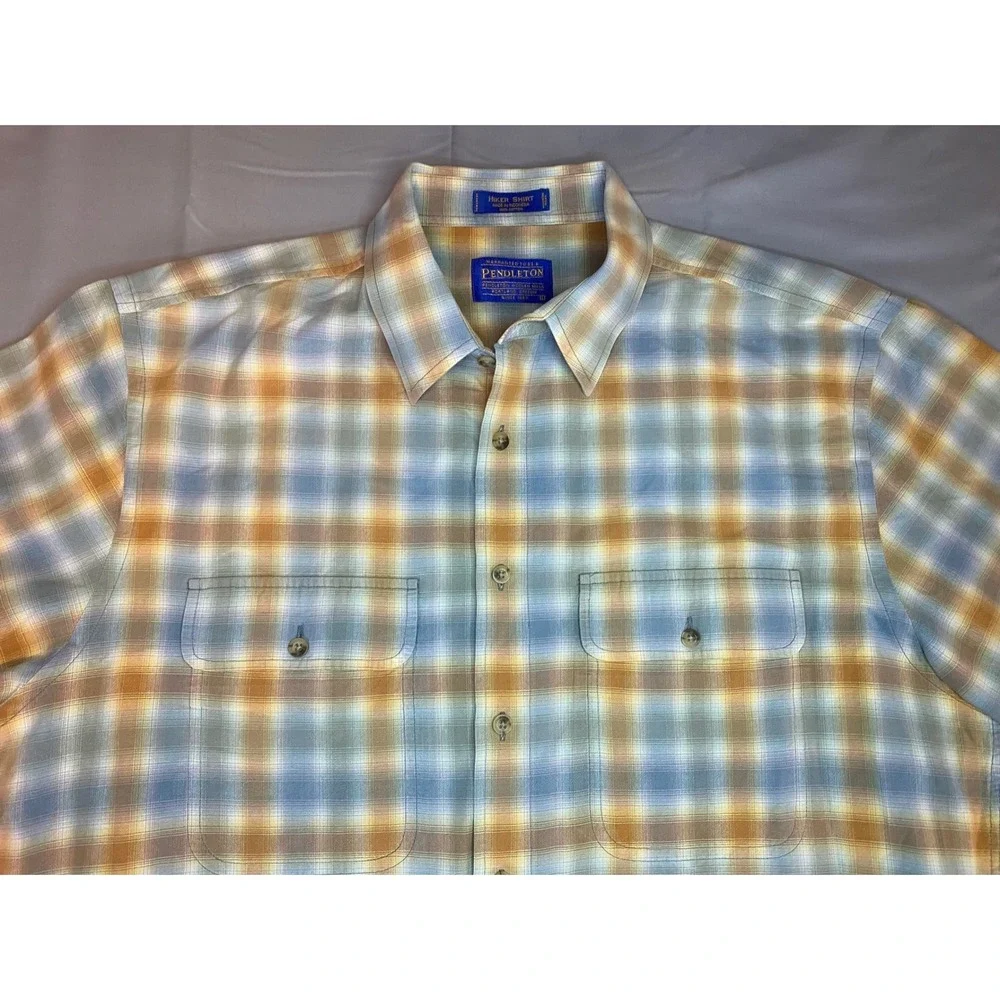 Pendleton Hiker Shirt Mens Large Blue Orange Plaid Excellent Short Sleeve Cotton